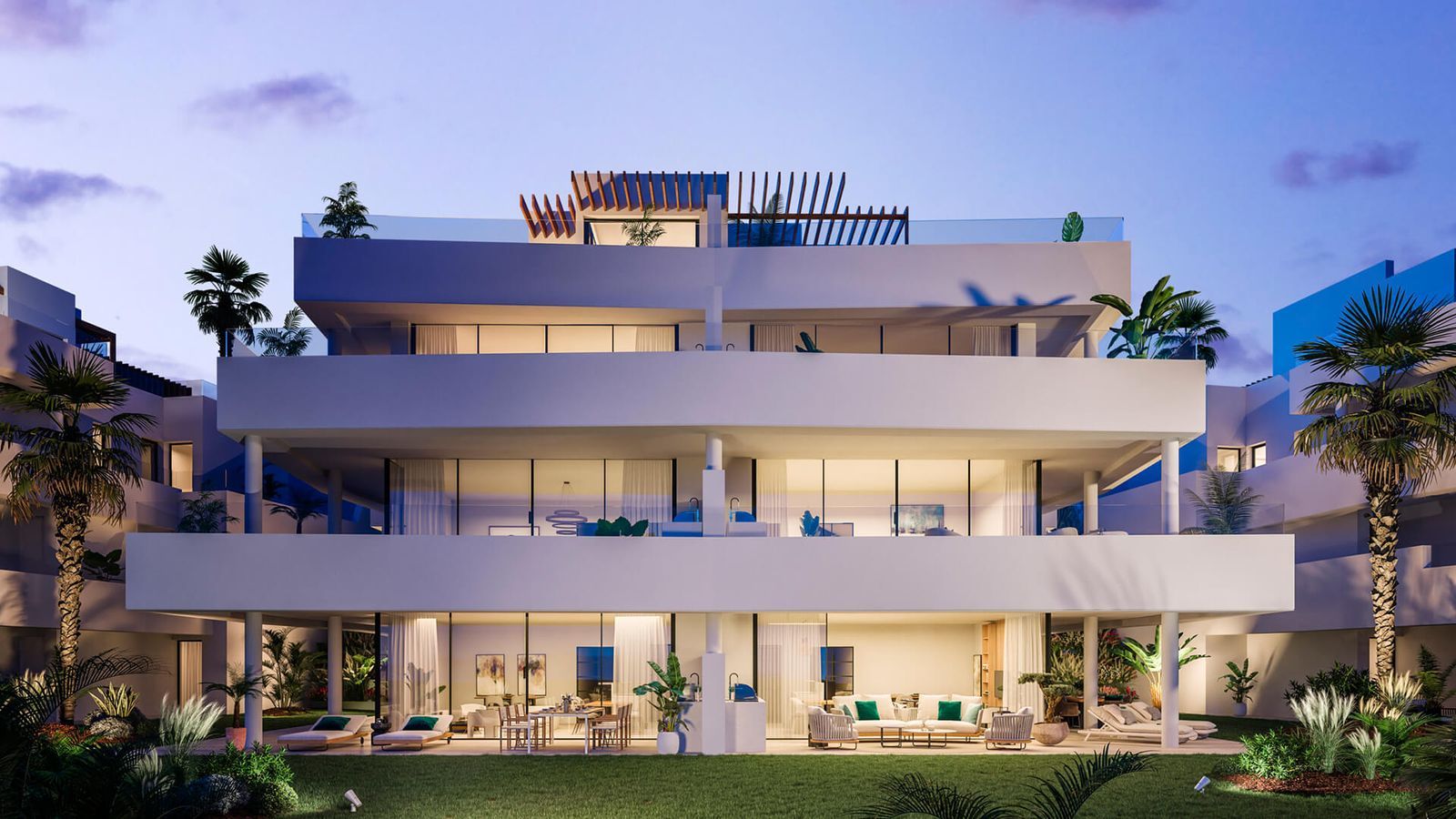 Luksusowe apartamenty w Mirador de Estepona Hills z bujnymi ogrodami i nowoczesną architekturą.