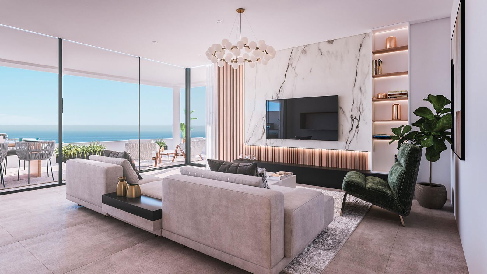 Nowoczesny salon z widokiem na morze, Mirador de Estepona Hills