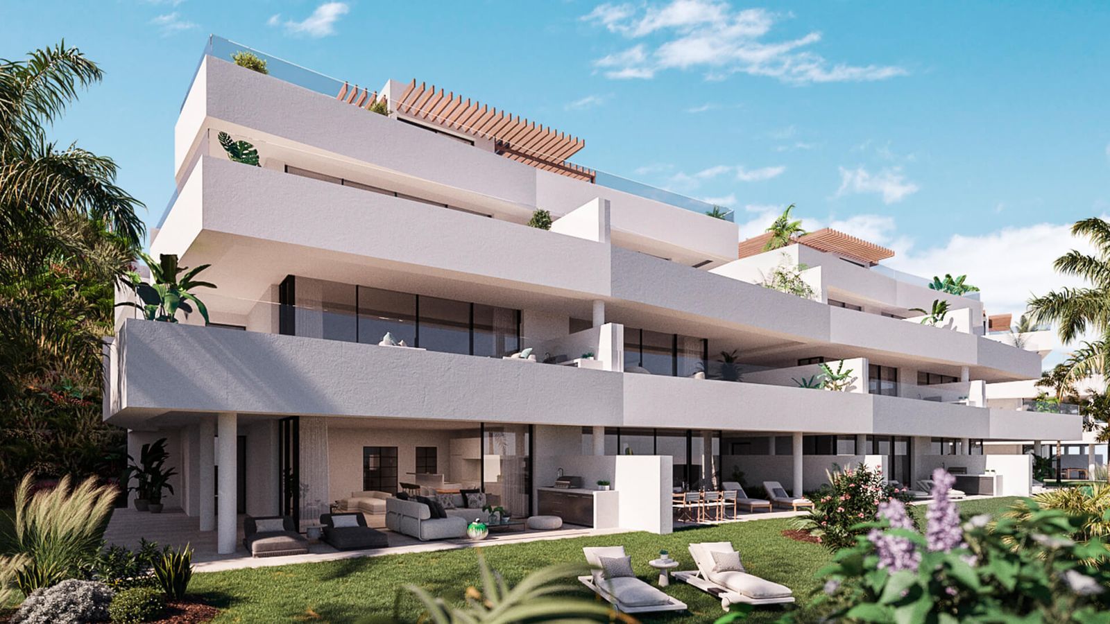 Widok z zewnątrz nowoczesnych apartamentów w Estepona Hills, Hiszpania.